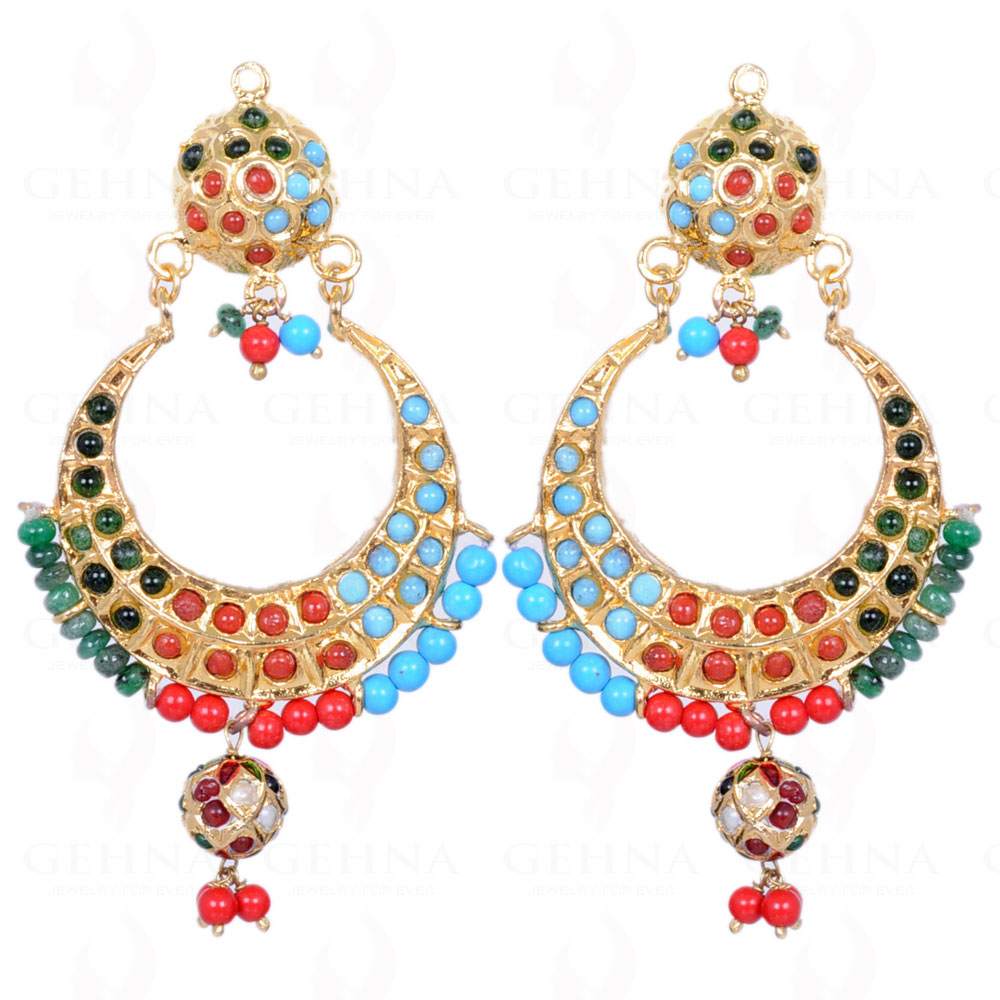 Emerald, Coral & Turquoise Bead With Stone Studded Moon Shape Earrings LE01-1105