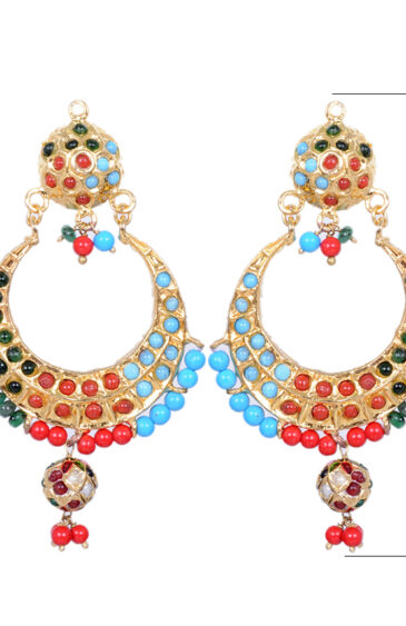 Emerald, Coral & Turquoise Bead With Stone Studded Moon Shape Earrings LE01-1105