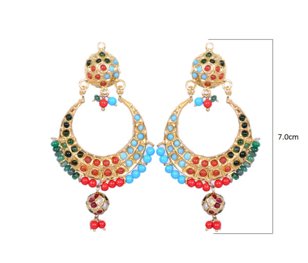 Emerald, Coral & Turquoise Bead With Stone Studded Moon Shape Earrings LE01-1105