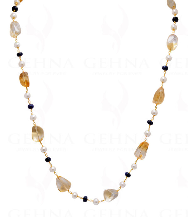 Pearl, Sapphire & Citrine Gemstone Knotted Chain In .925 Sterling Silver Cm1106