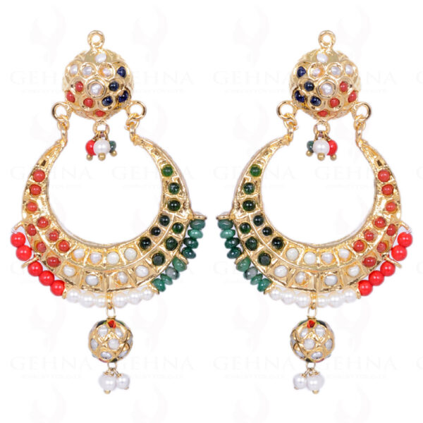 Pearl, Emerald & Coral Bead With Stone Studded Moon Shape Earring LE01-1106