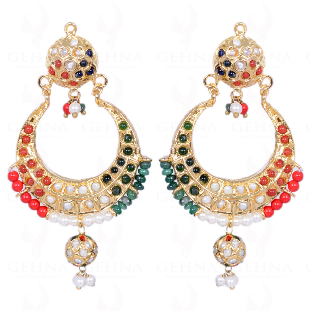 Pearl, Emerald & Coral Bead With Stone Studded Moon Shape Earring LE01-1106