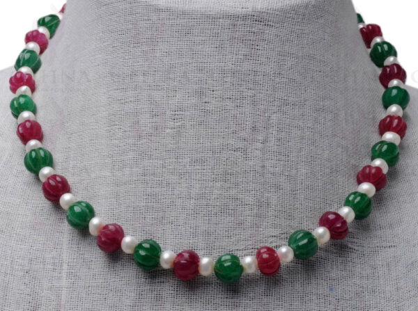 Pearl, Ruby & Emerald Gemstone Melon Shaped Bead Necklace NM-1106