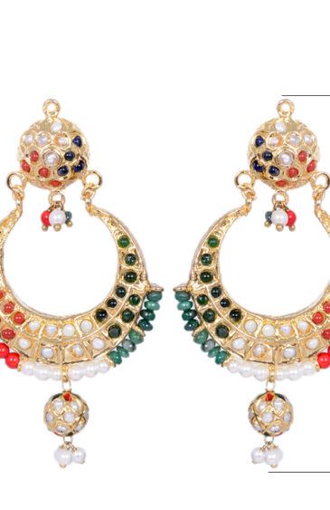 Pearl, Emerald & Coral Bead With Stone Studded Moon Shape Earring LE01-1106