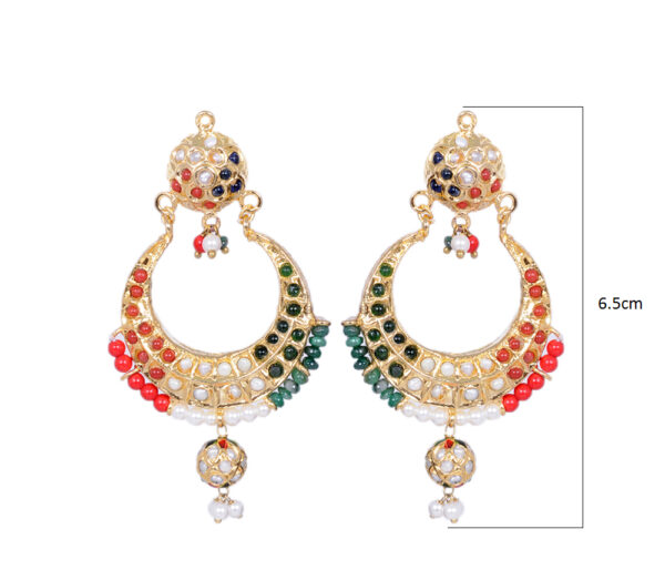 Pearl, Emerald & Coral Bead With Stone Studded Moon Shape Earring LE01-1106