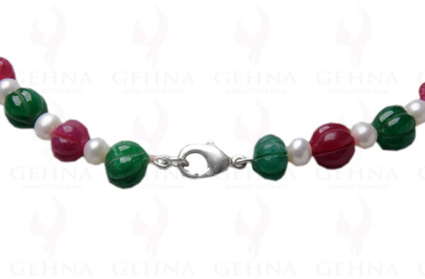 Pearl, Ruby & Emerald Gemstone Melon Shaped Bead Necklace NM-1106