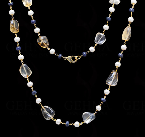 Pearl, Sapphire & Citrine Gemstone Knotted Chain In .925 Sterling Silver Cm1106