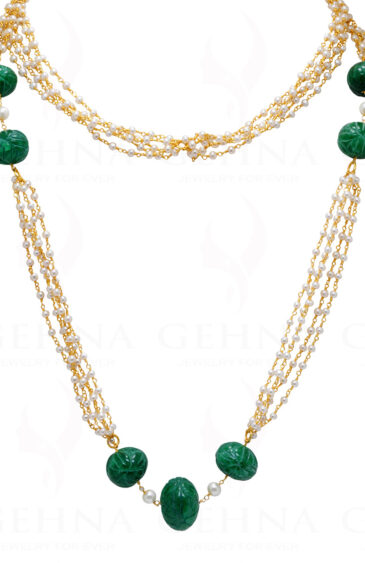Pearl & Emerald Gemstone Bead Long Knotted Chain In .925 Sterling Silver Cm1107
