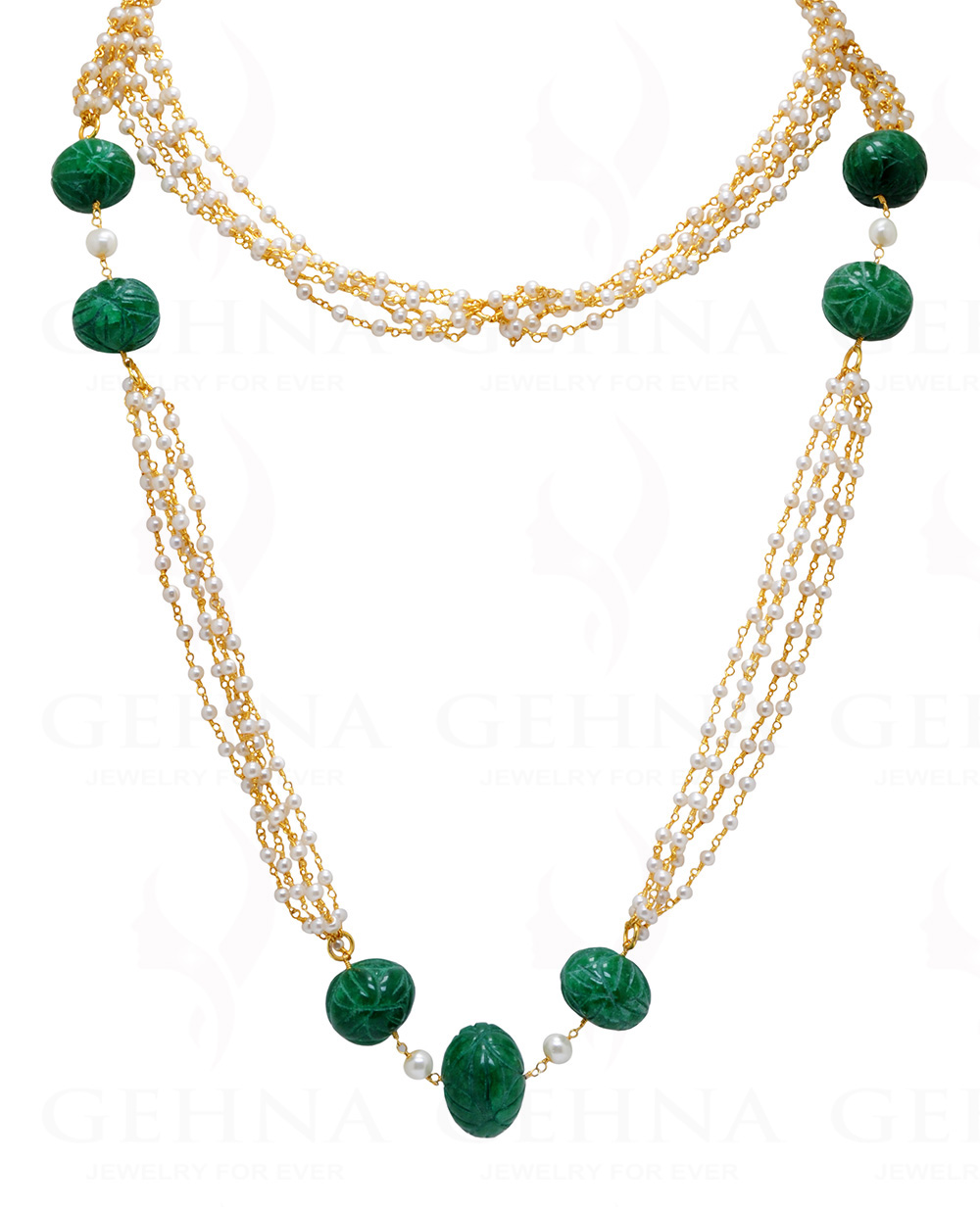 Pearl & Emerald Gemstone Bead Long Knotted Chain In .925 Sterling Silver Cm1107