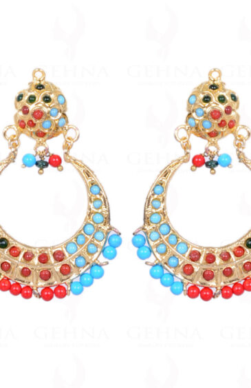 Emerald, Turquoise & Coral Bead With Stone Studded Moon Shape Earrings LE01-1107