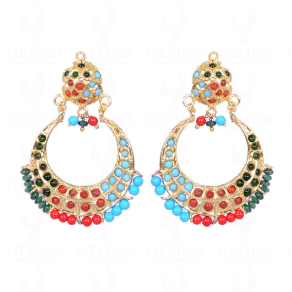 Emerald, Turquoise & Coral Bead With Stone Studded Moon Shape Earrings LE01-1107