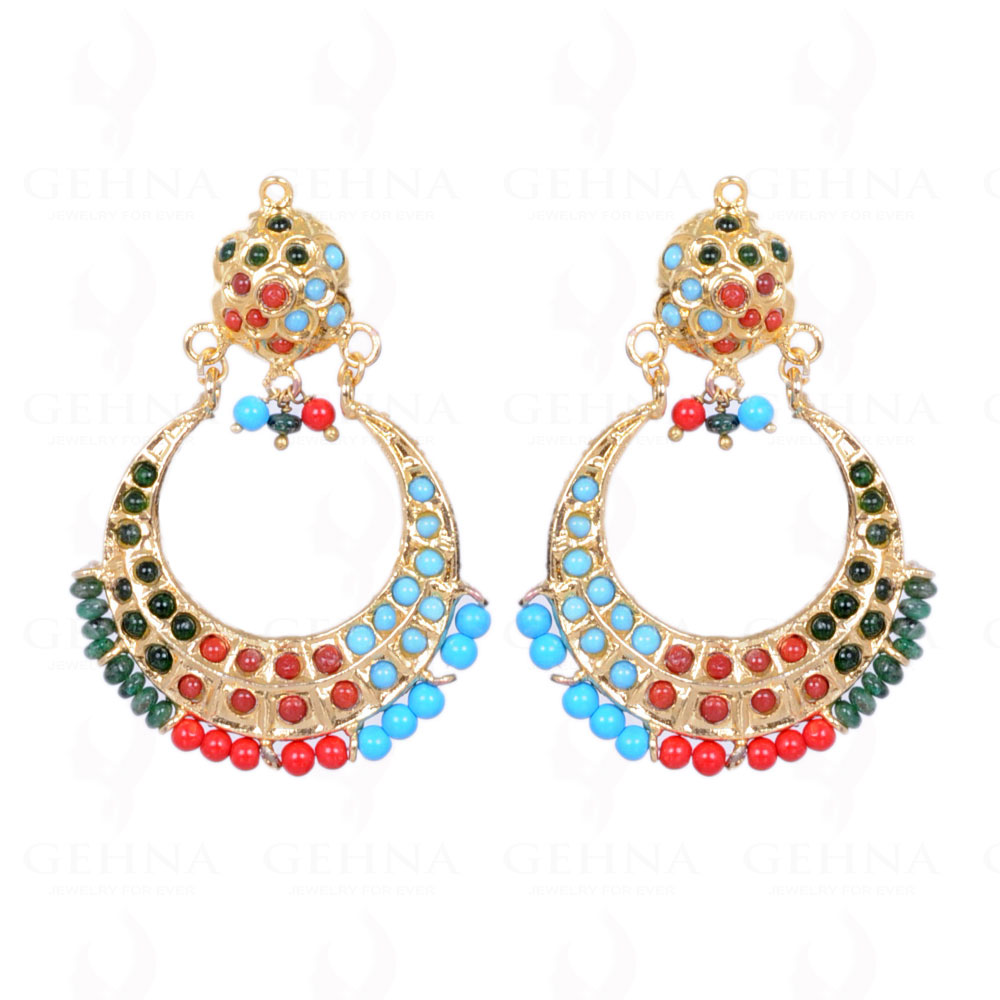 Emerald, Turquoise & Coral Bead With Stone Studded Moon Shape Earrings LE01-1107