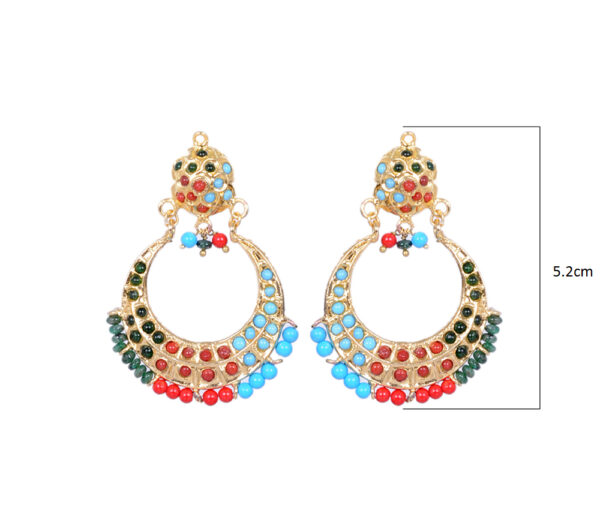 Emerald, Turquoise & Coral Bead With Stone Studded Moon Shape Earrings LE01-1107