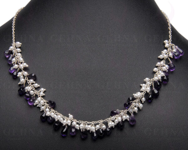 Pearl & Amethyst Gemstone Drops Knotted Necklace NM-1107