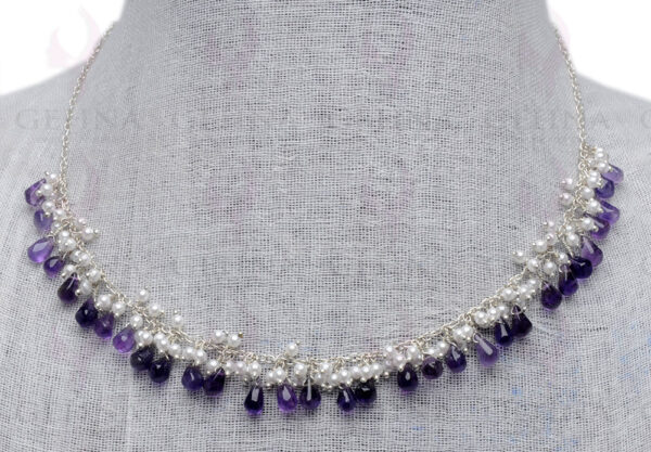 Pearl & Amethyst Gemstone Drops Knotted Necklace NM-1107