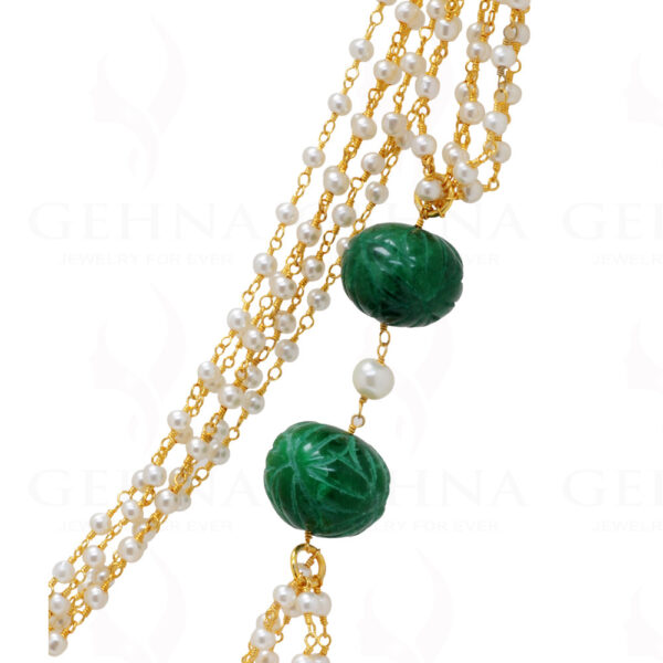 Pearl & Emerald Gemstone Bead Long Knotted Chain In .925 Sterling Silver Cm1107