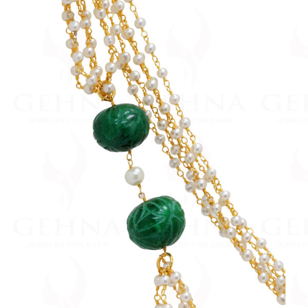 Pearl & Emerald Gemstone Bead Long Knotted Chain In .925 Sterling Silver Cm1107