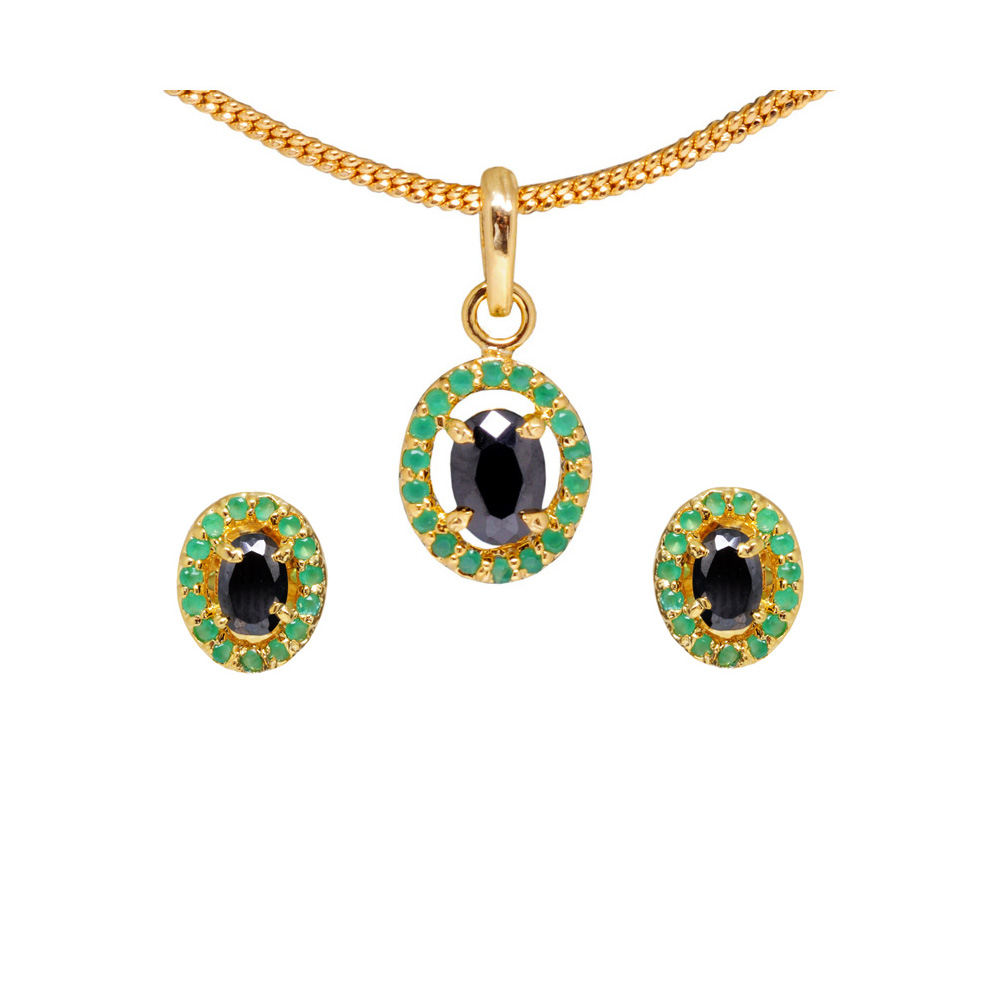 Natural Black Spinel & Emerald Studded Pendant & Earring Set FP-1108