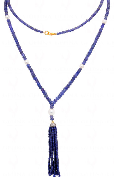 42″ Inches Pearl & Tanzanite Plain Bead Gemstone Necklace NM-1108