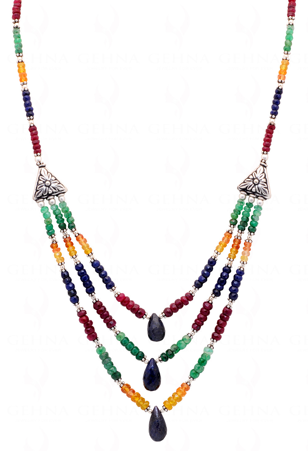 Emerald Ruby Sapphire Gemstone Faceted Bead Necklace With Silver Elements NP-1108