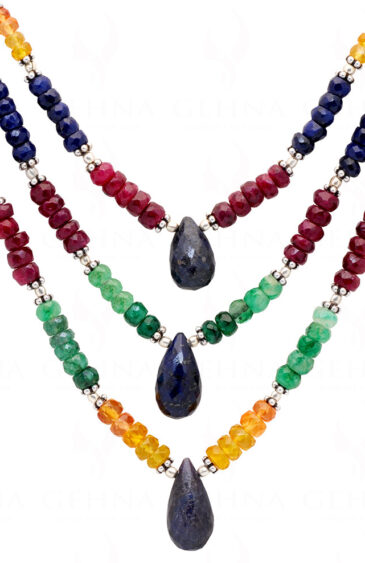 Emerald Ruby Sapphire Gemstone Faceted Bead Necklace With Silver Elements NP-1108