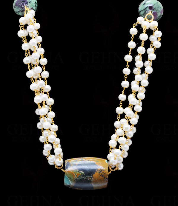 Pearl & Turquoise Gemstone Long Knotted Chain In .925 Sterling Silver Cm1108