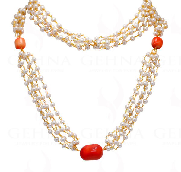 Pearl & Coral Gemstone Long Knotted Chain In .925 Sterling Silver Cm1109