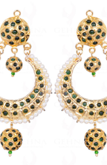 Emerald Studded Moon Shape Earring With Pearl Bead LE01-1109