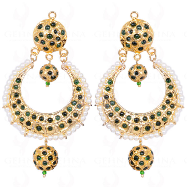 Emerald Studded Moon Shape Earring With Pearl Bead LE01-1109