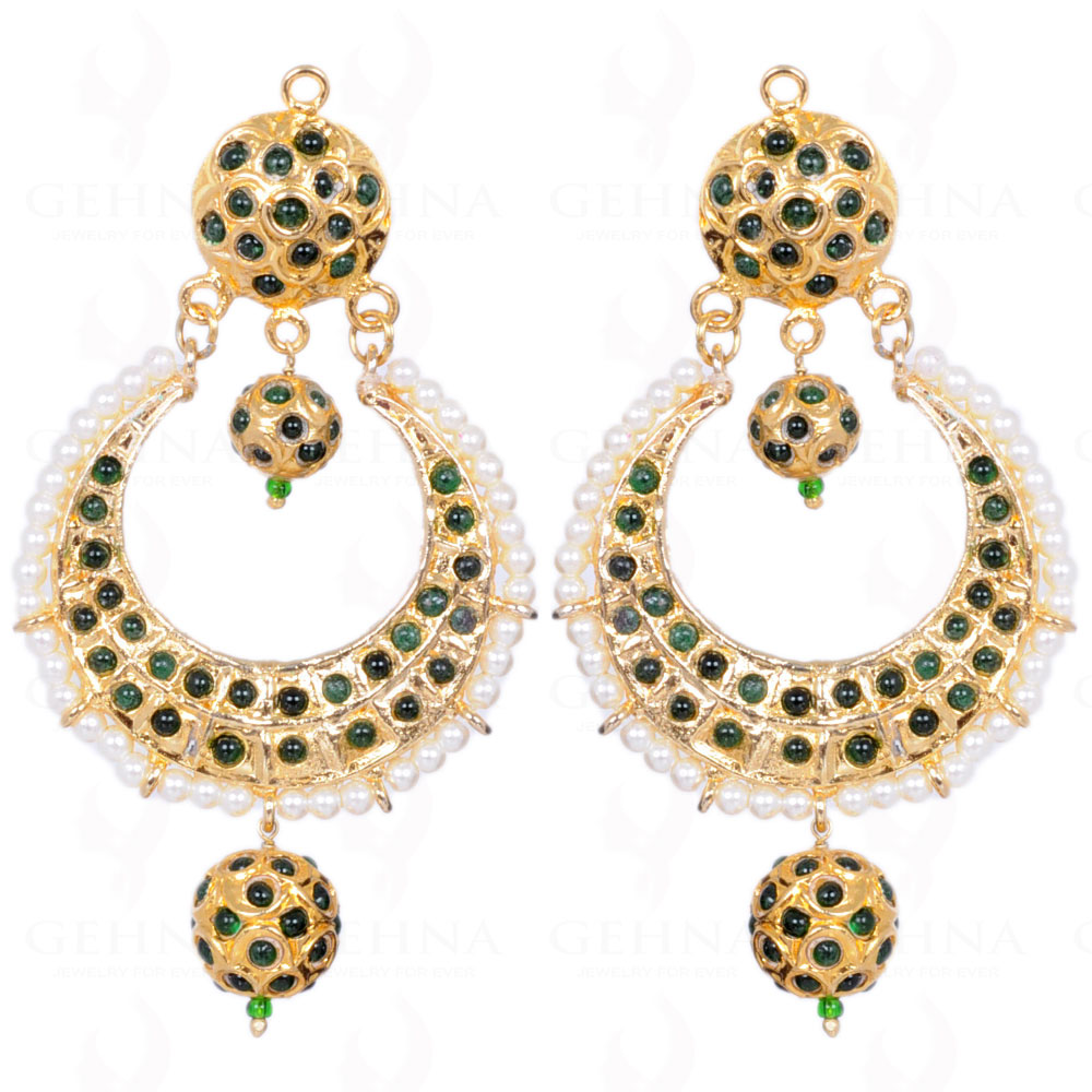 Emerald Studded Moon Shape Earring With Pearl Bead LE01-1109
