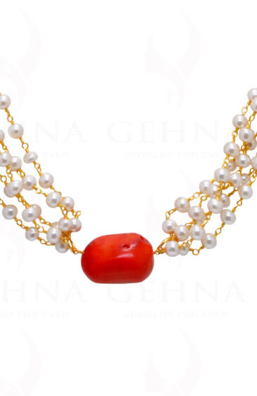 Pearl & Coral Gemstone Long Knotted Chain In .925 Sterling Silver Cm1109