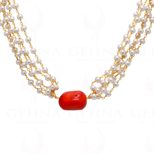 Pearl & Coral Gemstone Long Knotted Chain In .925 Sterling Silver Cm1109