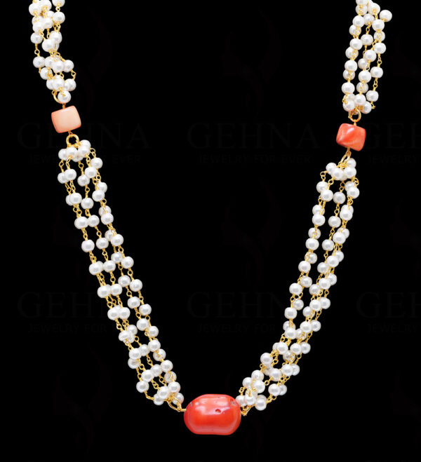 Pearl & Coral Gemstone Long Knotted Chain In .925 Sterling Silver Cm1109