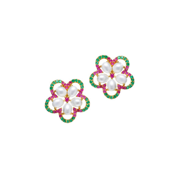 Delicate Pearl, Ruby & Emerald Studded Elegant Pendant & Earring Set FP-1109