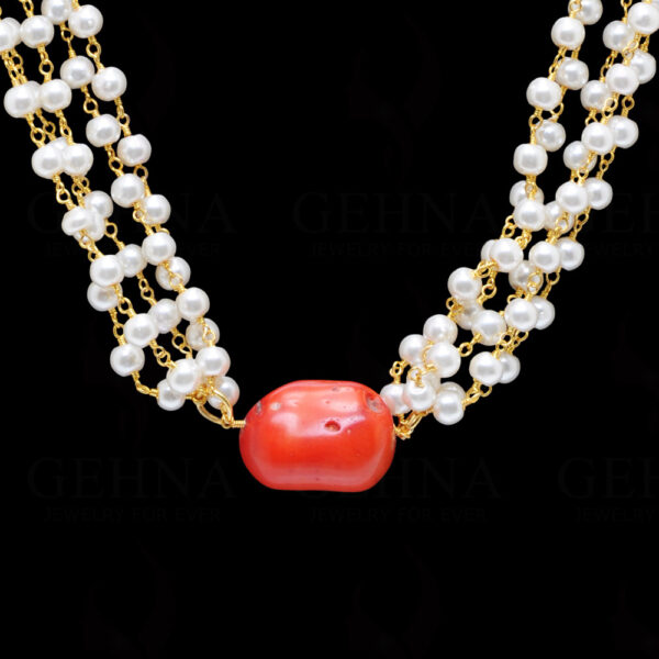 Pearl & Coral Gemstone Long Knotted Chain In .925 Sterling Silver Cm1109