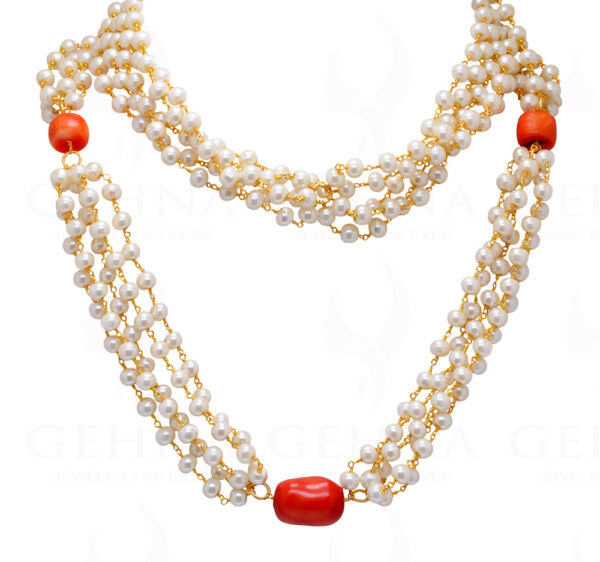 Pearl & Coral Gemstone Long Knotted Chain In .925 Sterling Silver Cm1111