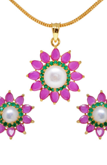 Ruby, Emerald & White Pearl Studded Pendant & Earring Set FP-1111
