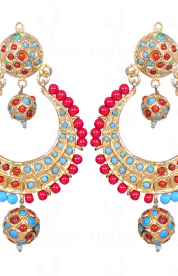 Coral & Turquoise Stone Studded Moon Shape Earrings LE01-1111