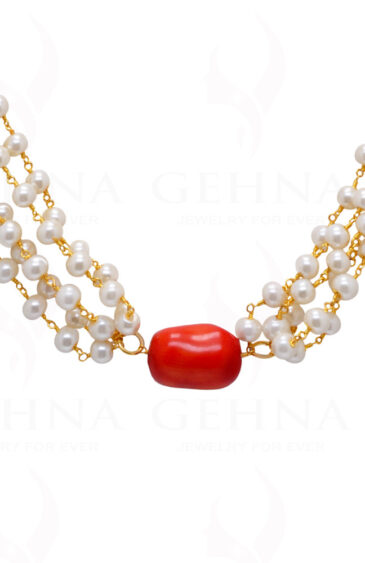 Pearl & Coral Gemstone Long Knotted Chain In .925 Sterling Silver Cm1111