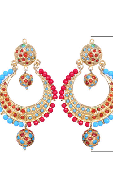 Coral & Turquoise Stone Studded Moon Shape Earrings LE01-1111