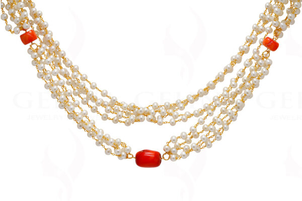 Pearl & Coral Gemstone Long Knotted Chain In .925 Sterling Silver Cm1111