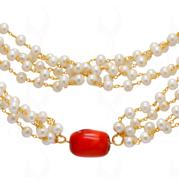 Pearl & Coral Gemstone Long Knotted Chain In .925 Sterling Silver Cm1111