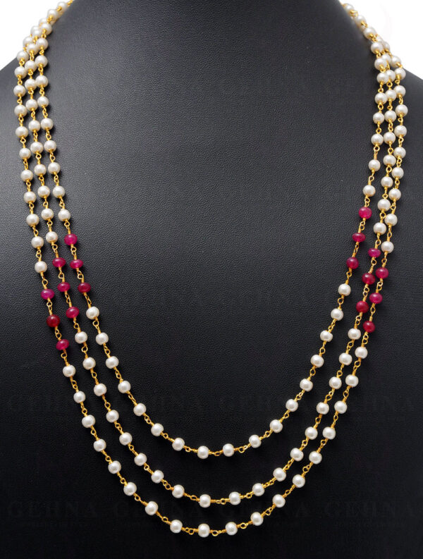 Pearl & Ruby Gemstone Knotted Chain In .925 Sterling Silver Cm1112