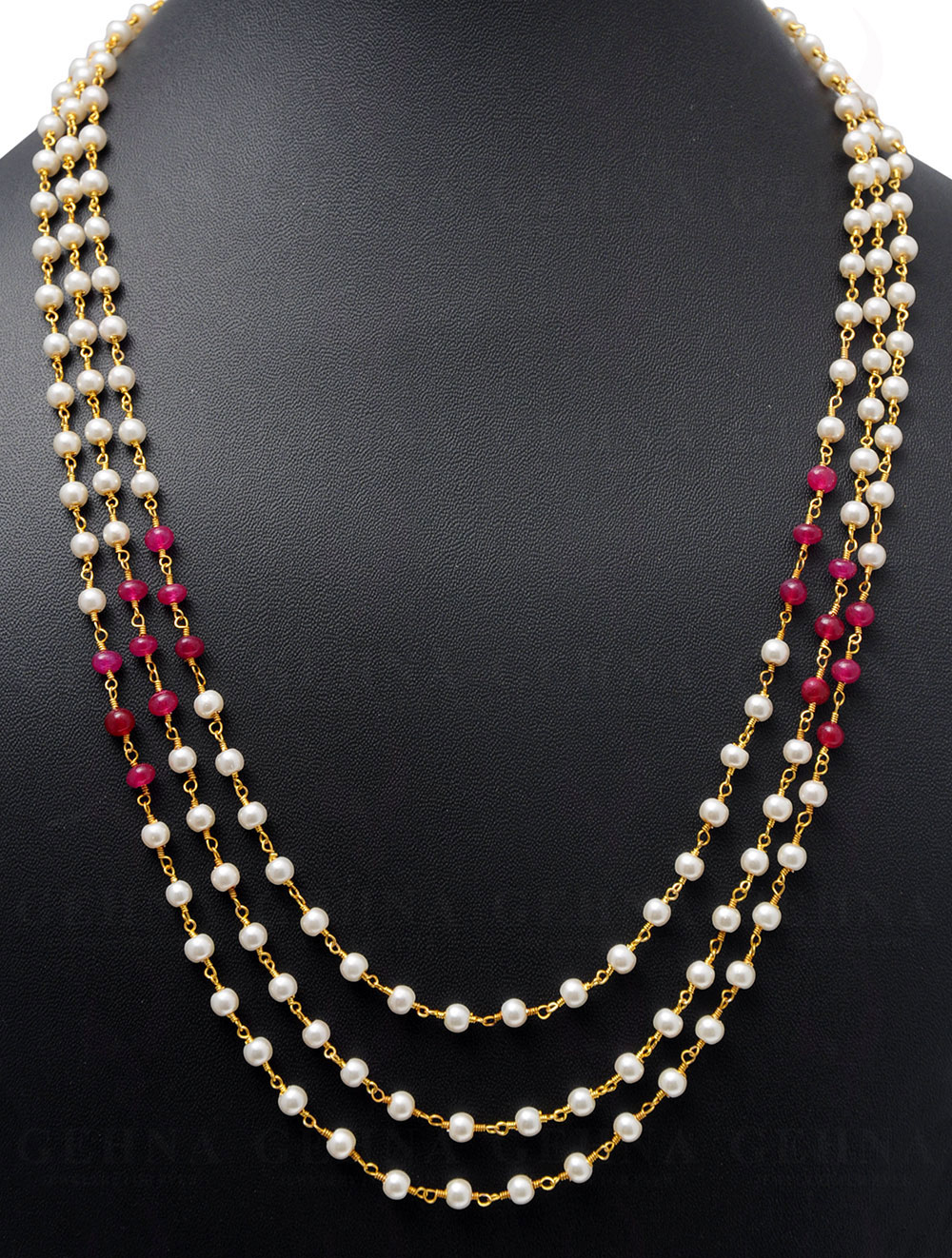 Pearl & Ruby Gemstone Knotted Chain In .925 Sterling Silver Cm1112