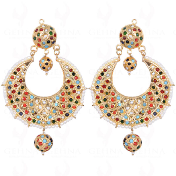 Multi Color Stone Studded Moon Shape Earrings With Pearl LE01-1112