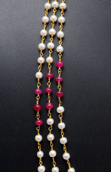 Pearl & Ruby Gemstone Knotted Chain In .925 Sterling Silver Cm1112