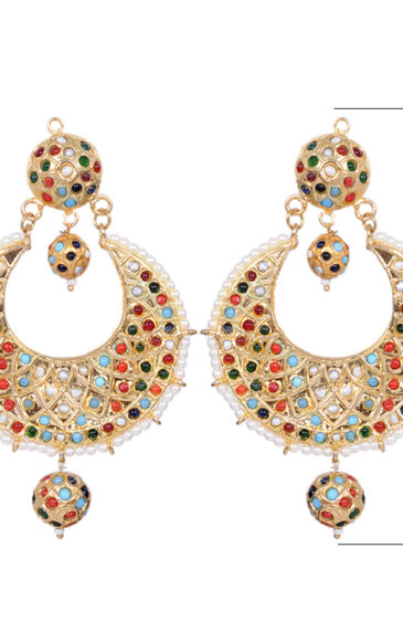 Multi Color Stone Studded Moon Shape Earrings With Pearl LE01-1112