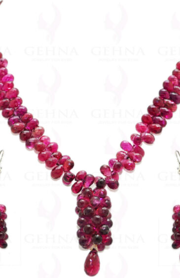Pink Tourmaline Gemstone Drop Shaped Faceted Bead Necklace & Earring Set NS-1112
