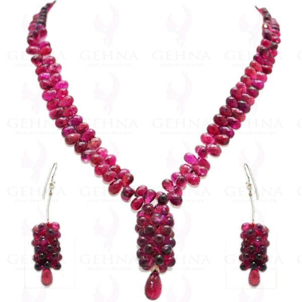 Pink Tourmaline Gemstone Drop Shaped Faceted Bead Necklace & Earring Set NS-1112