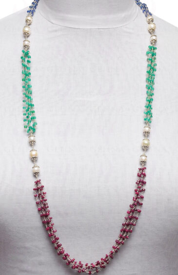Pearl, Ruby, Emerald & Sapphire Faceted Bead Knotted Chain In Silver Cm1114
